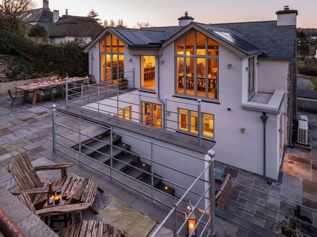 Rear Elevation &amp; Patio Twilight_Yew Tree Cottage, Dittisham