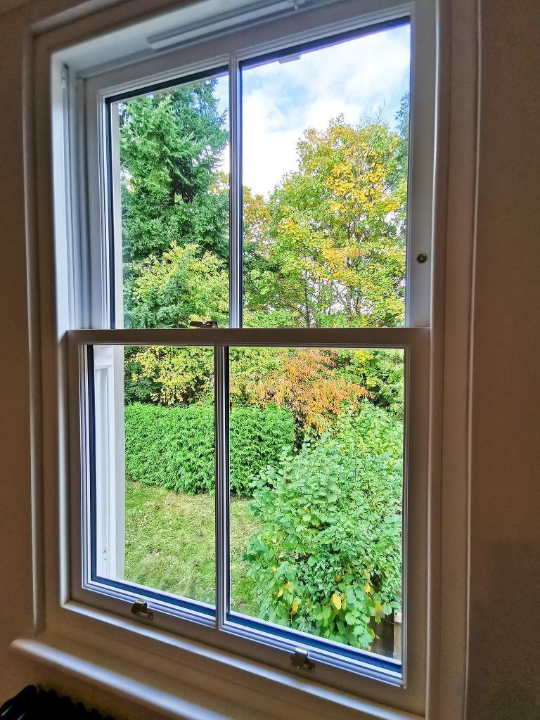 Wooden sash windows with garden views