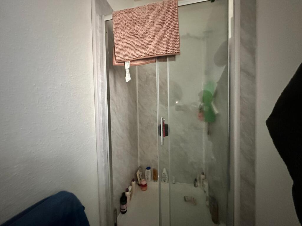 A cozy bathroom featuring a modern shower enclo...