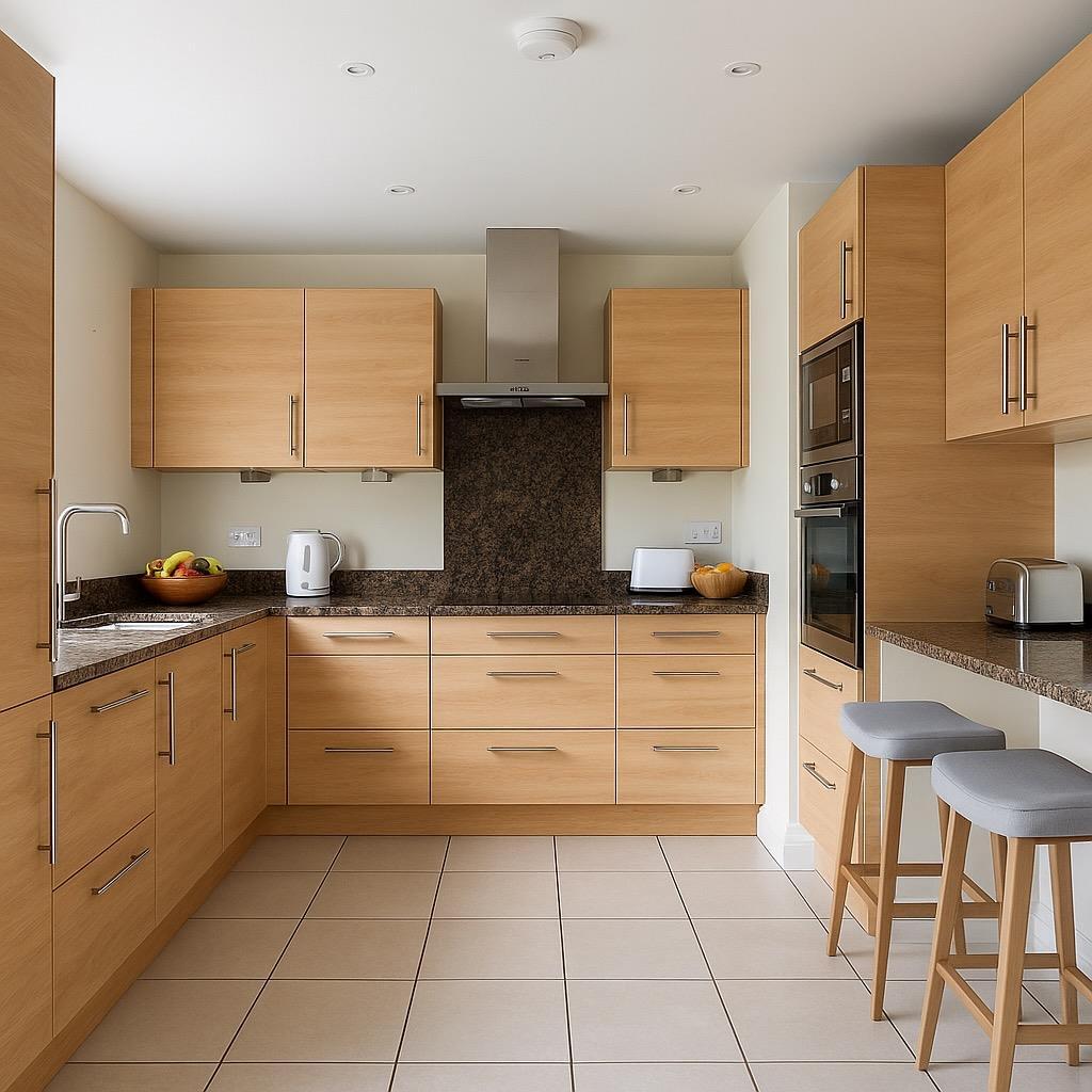 Kitchen with staged fruitbowl, kettle, stools  etc