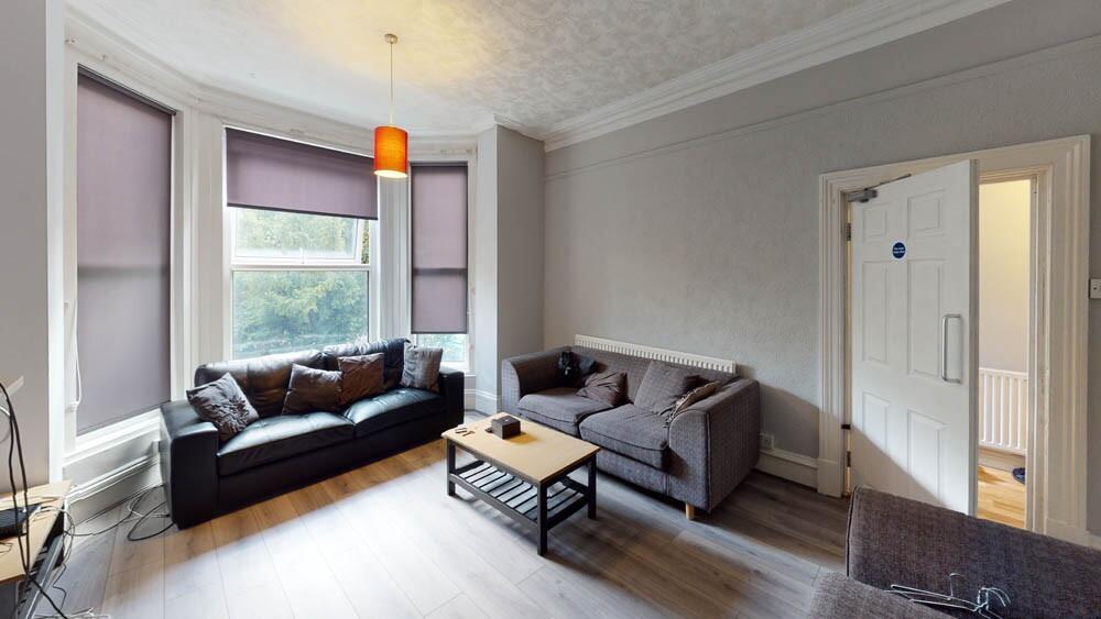 A contemporary living room featuring two sofas,...