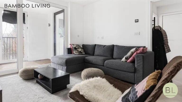 A bright and modern living room featuring a lar...