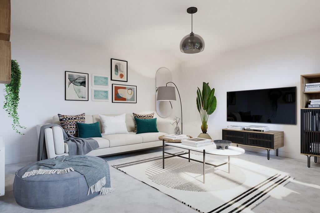 The spacious living room is found at the front of the home