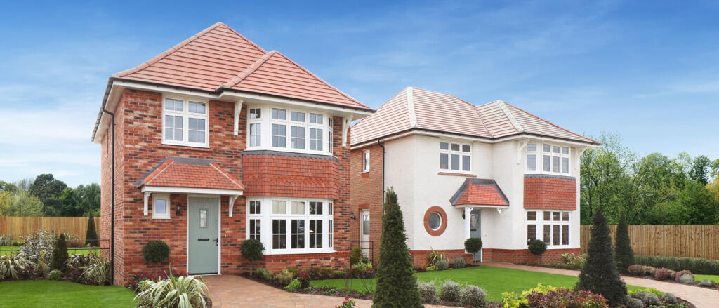 Semi-detached houses with red brick and white walls, large windows, and well-maintained front garden