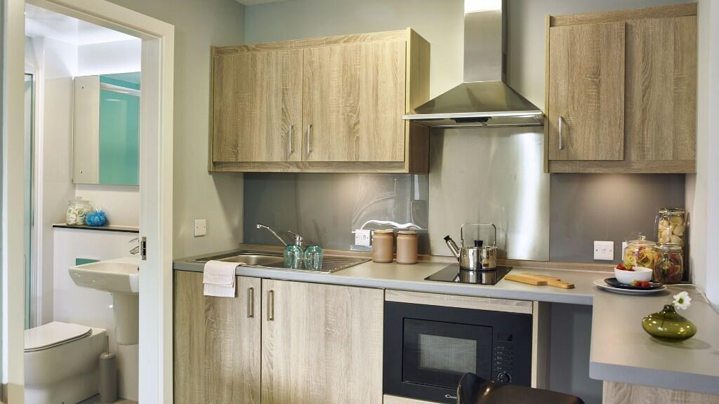 A modern kitchen featuring light wood cabinetry...