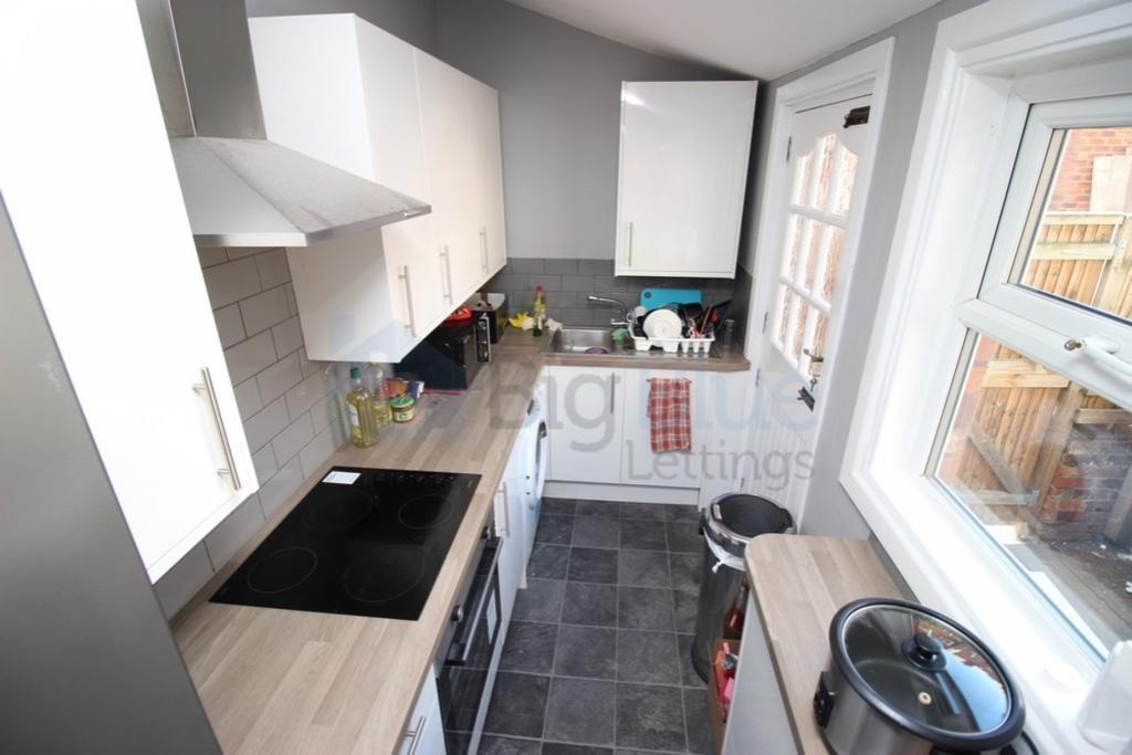 Bright and modern kitchen featuring ample count...