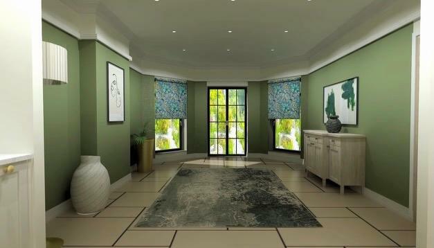 Dining room with wooden French doors