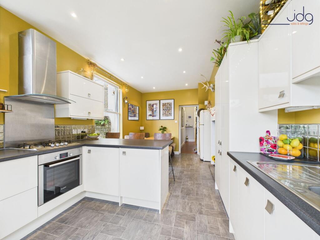 Open plan Kitchen Diner with Wood Fire and Breakfast Bar