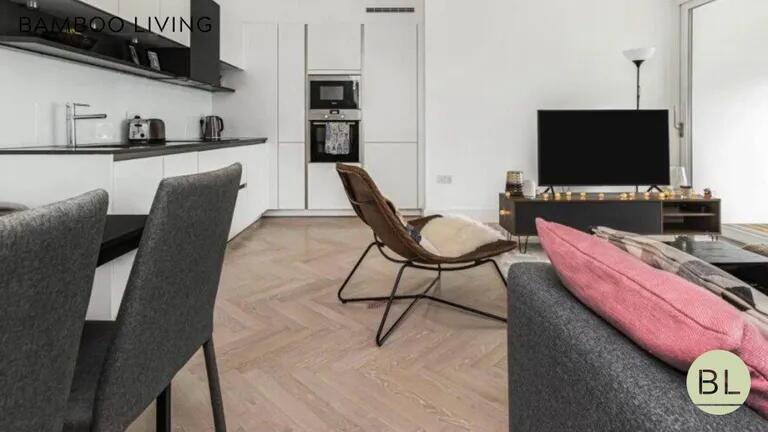 A sleek and modern living room featuring stylis...