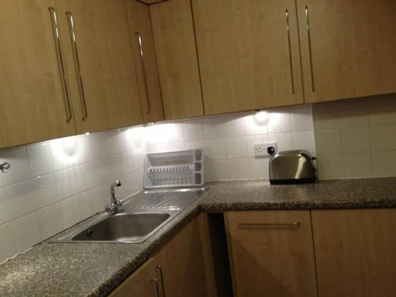 A compact and tidy kitchen featuring modern woo...