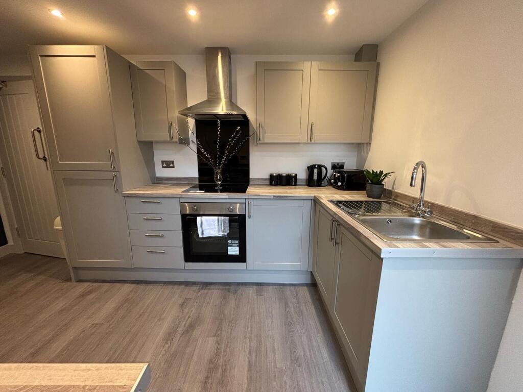 Modern kitchen featuring sleek cabinetry and st...