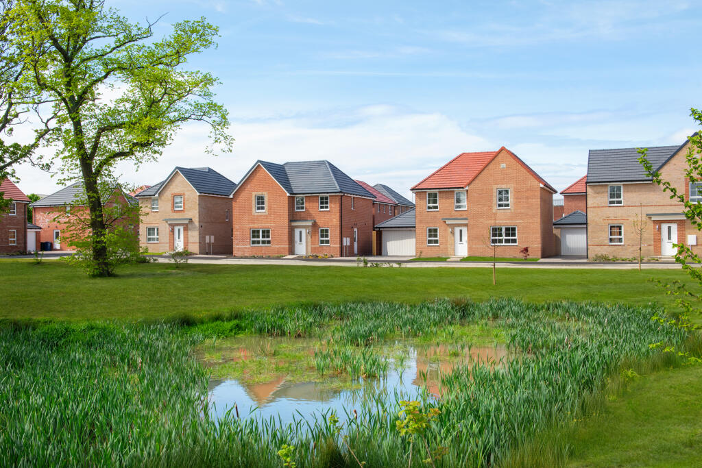 Homes overlooking pond at Sycamore Grove