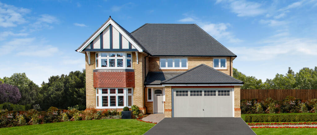 A modern two-storey detached house with a grey tiled roof, bay windows, a white garage door, and a w