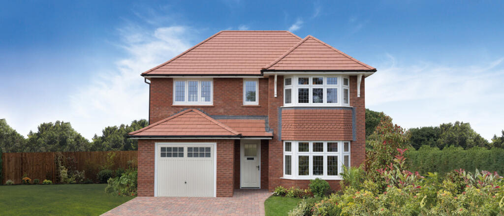 Detached red brick house with a garage and bay windows, set in a green garden with a wooden fence, u
