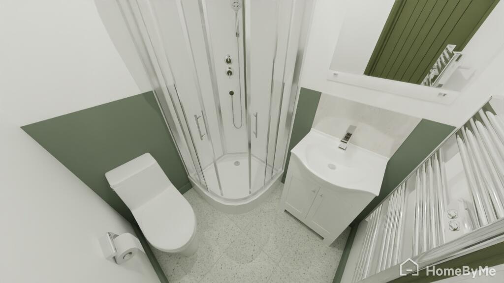 A modern, compact bathroom featuring a walk-in ...