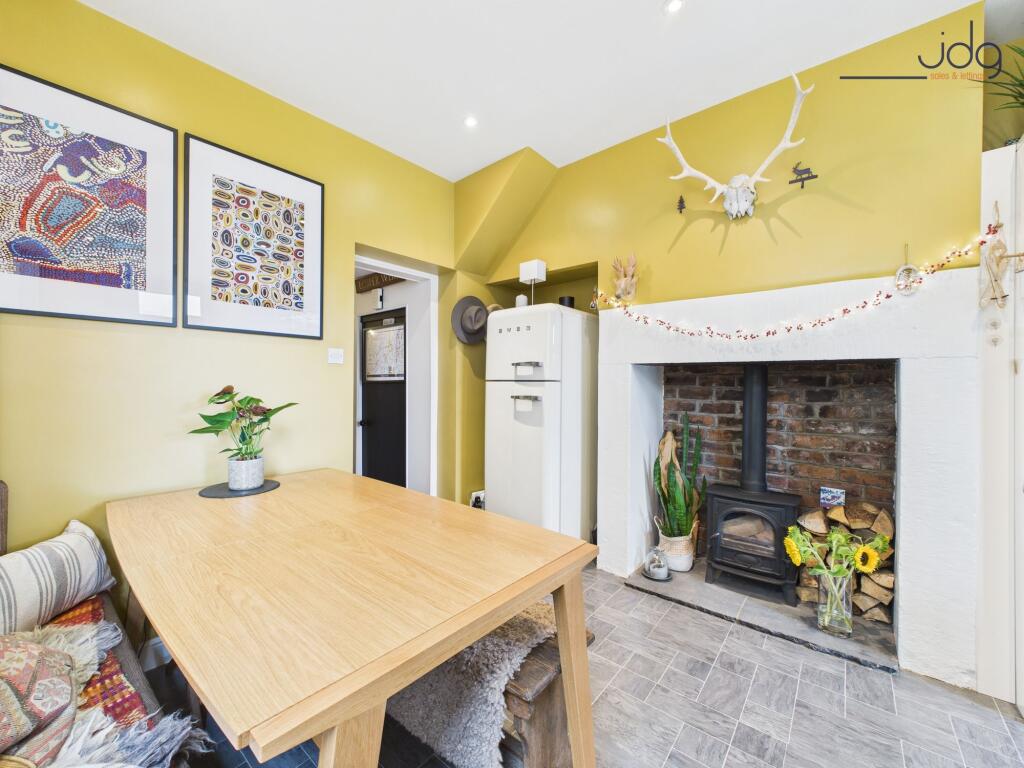 Open plan Kitchen Diner with Wood Fire and Breakfast Bar