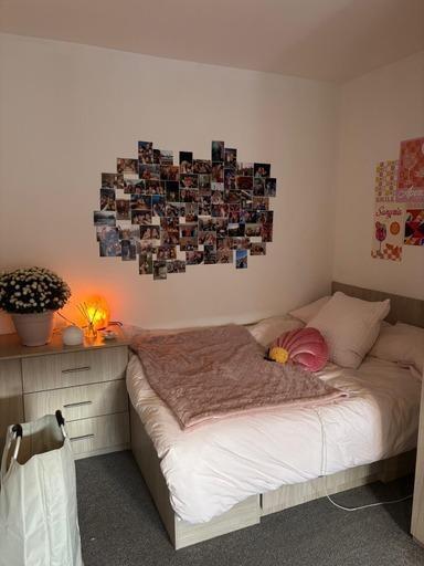 A cozy bedroom featuring a comfortable double b...