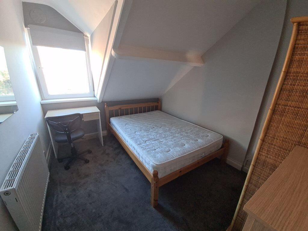 Cozy single bedroom with a large skylight windo...