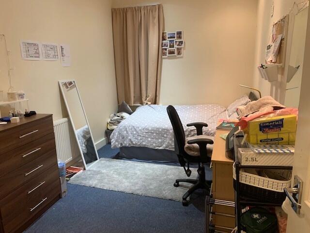 Cozy furnished bedroom with a single bed, study...