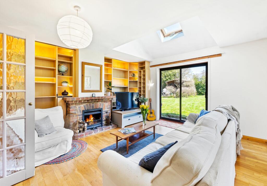 Living room with roaring fire