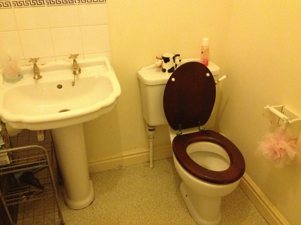 A compact bathroom featuring a classic pedestal...