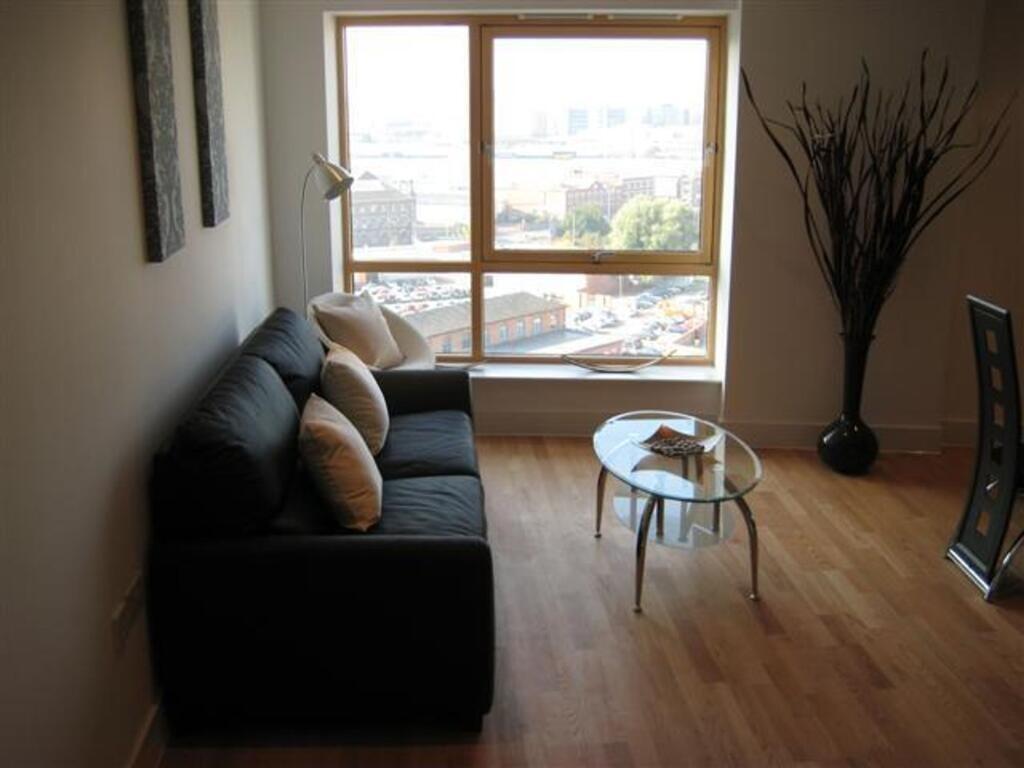 A cozy living room featuring a dark sofa with c...