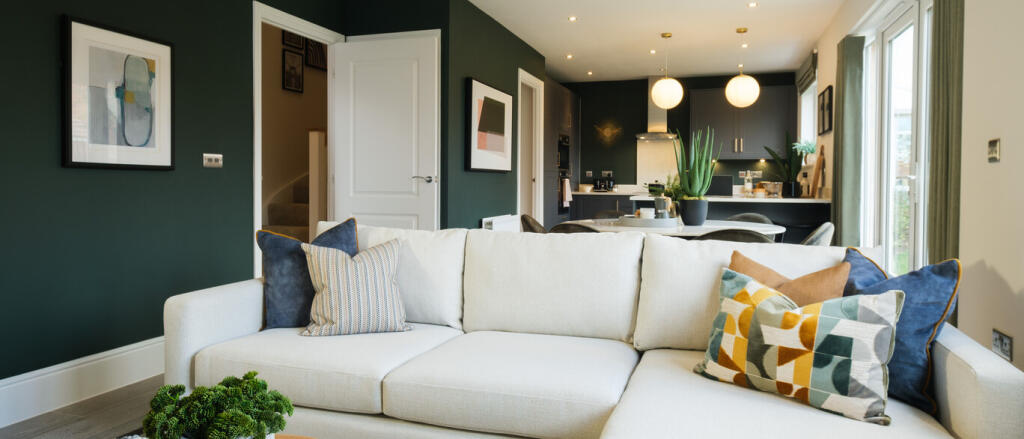 Modern living room with dark green walls, colourful cushions, and open-plan kitchen/dining area with