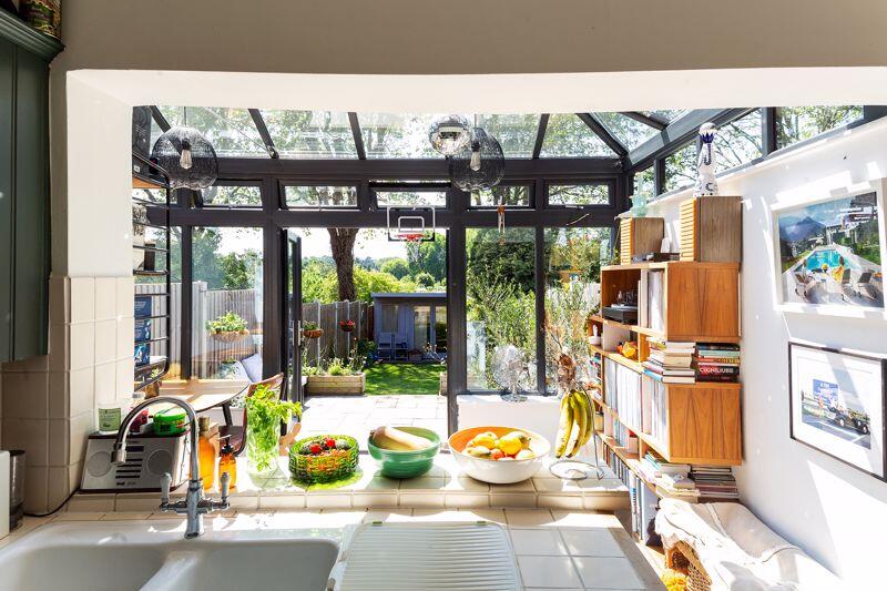 view through conservatory to garden