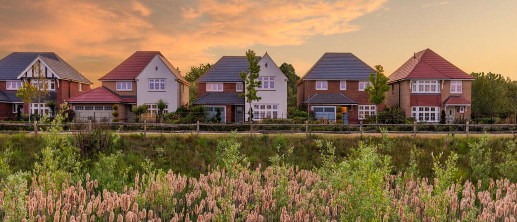 Row of modern houses with colourful roofs overlooking a garden with flowering plants at sunset in Da