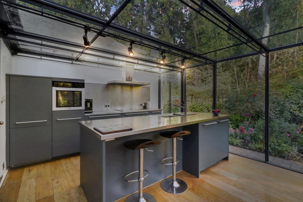 Kitchen and dining room at dusk