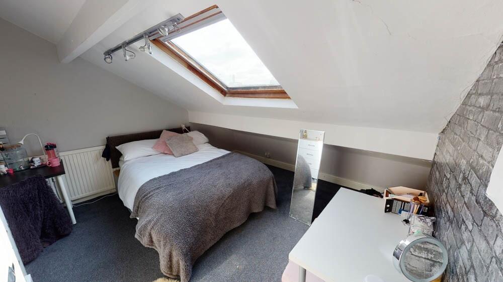 Cozy single bedroom with a comfortable bed, a d...