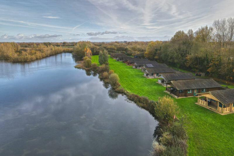 Aerial view of lake and lodges