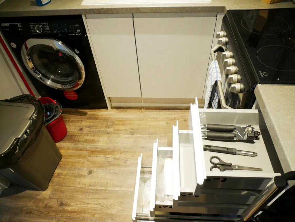 A clean and modern kitchen featuring a washing ...