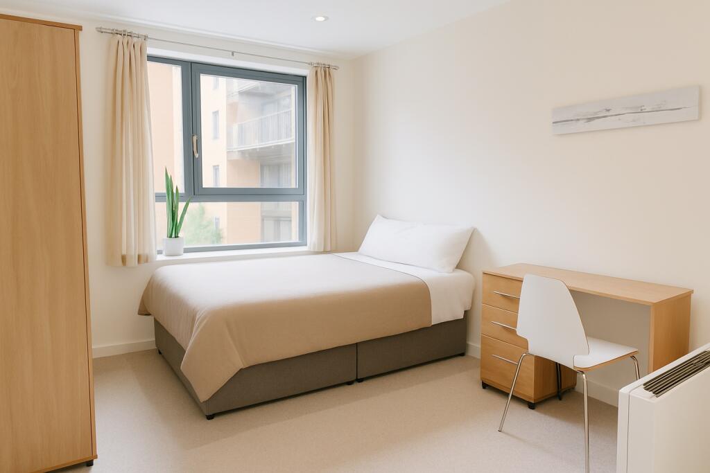 A bright and neatly arranged double bedroom fea...