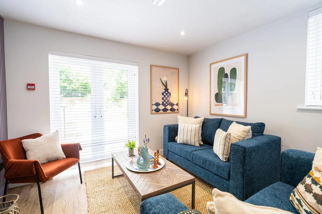 Bright, contemporary living room with a deep bl...