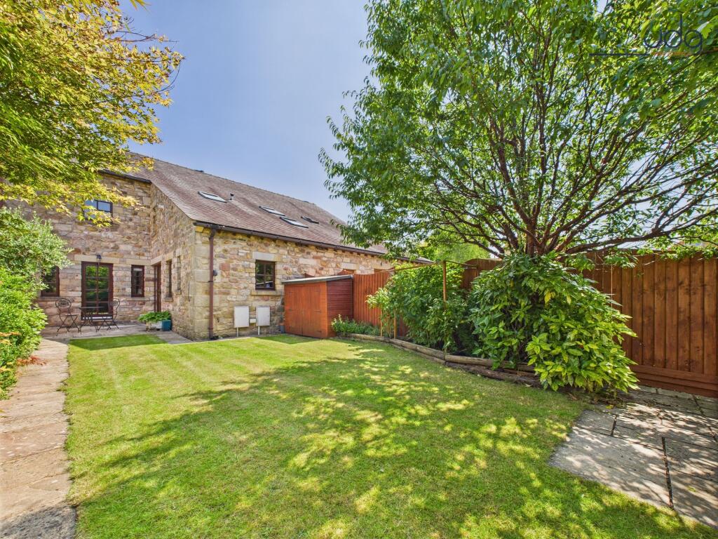 Spacious rear garden with mature plants and boarders