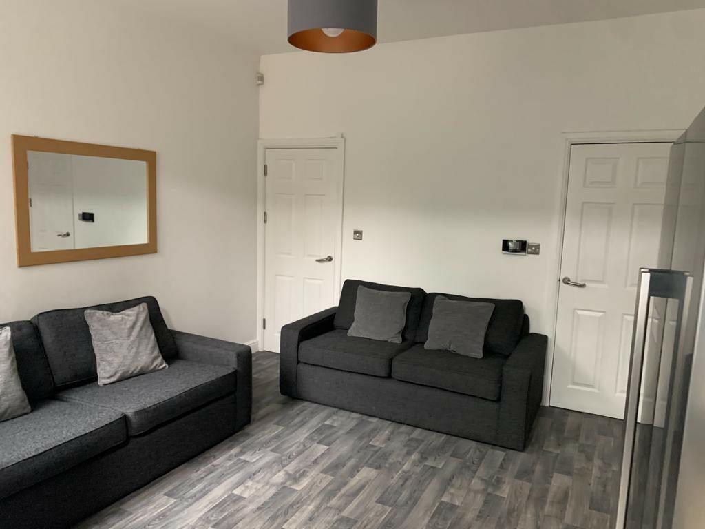 A modern and cozy living room featuring two dar...