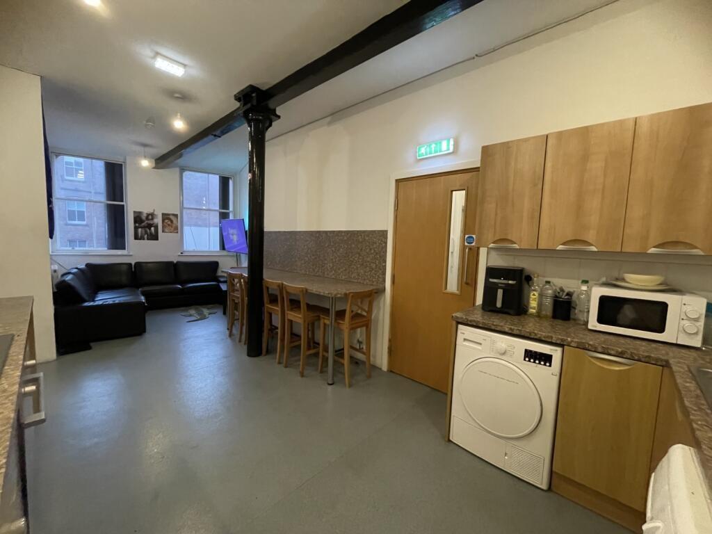 A spacious communal lounge area featuring a wel...