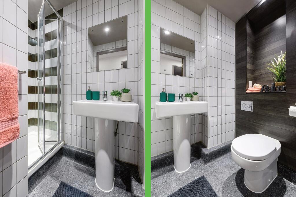 A modern and stylish bathroom featuring a sleek...