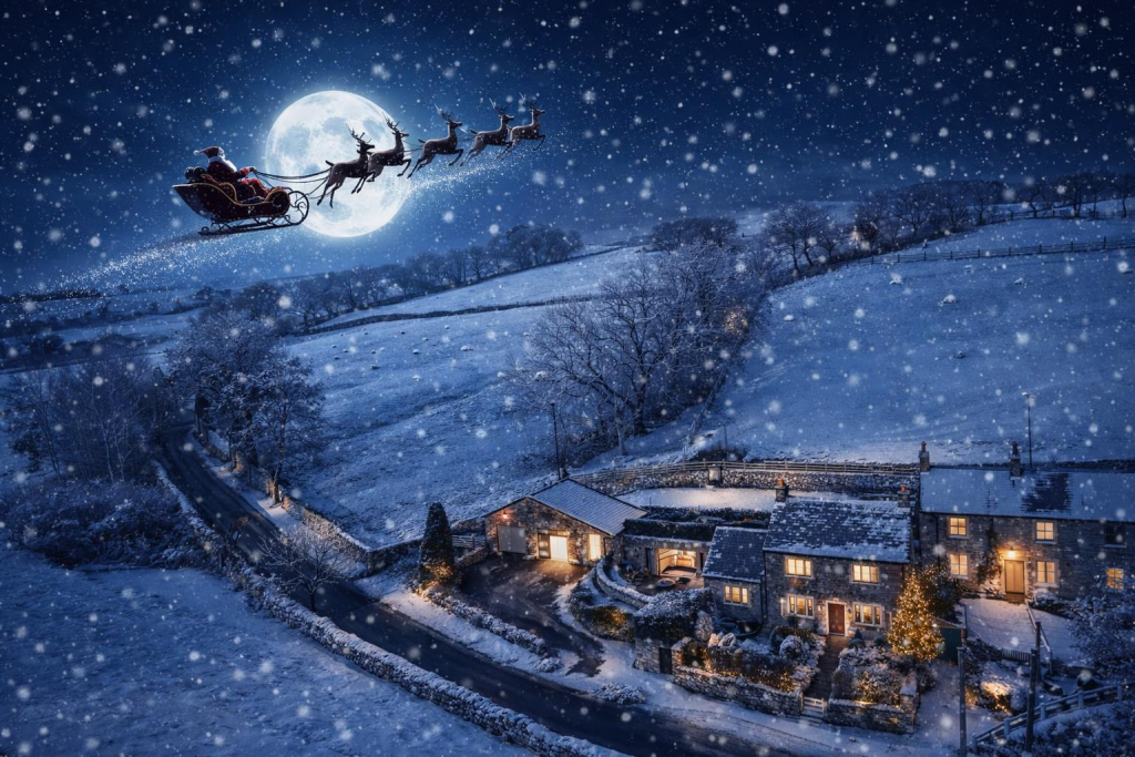 Santa¿s sleigh over snowy countryside.png