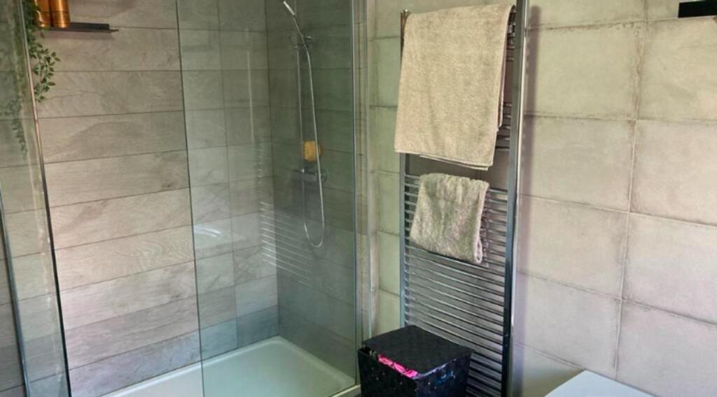 A modern and clean bathroom featuring a stylish...