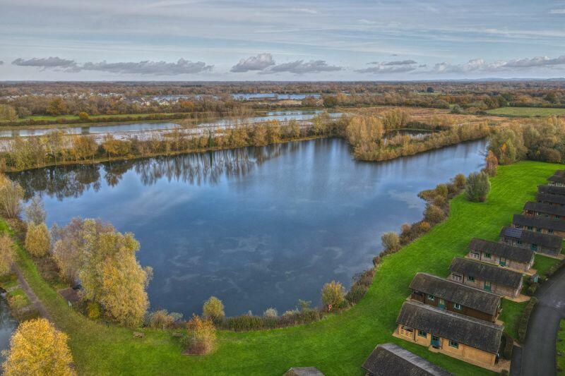Aerial view of lodge and lake