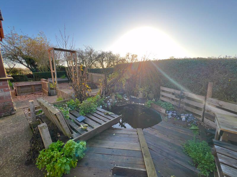 Overview of garden pond, seating area