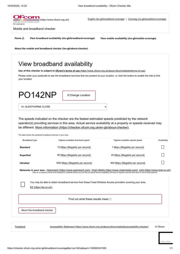 View broadband availability - Ofcom Checker title.