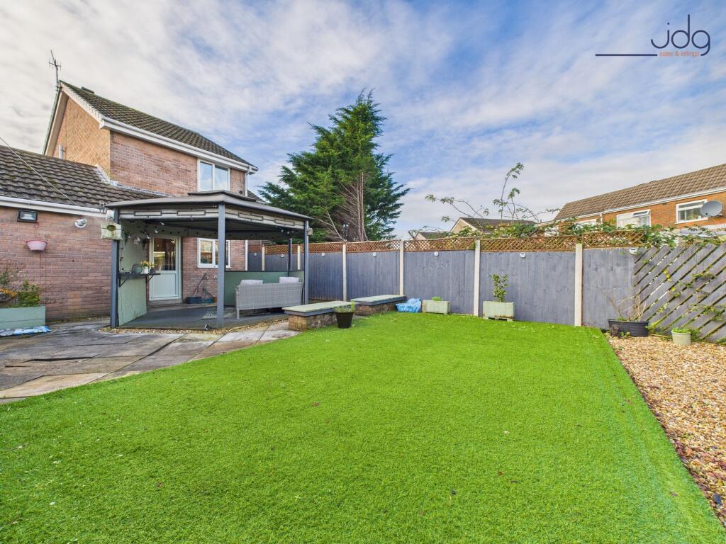 Spacious North rear garden with patio, easy-care lawn &amp; covered gazebo entertaining area