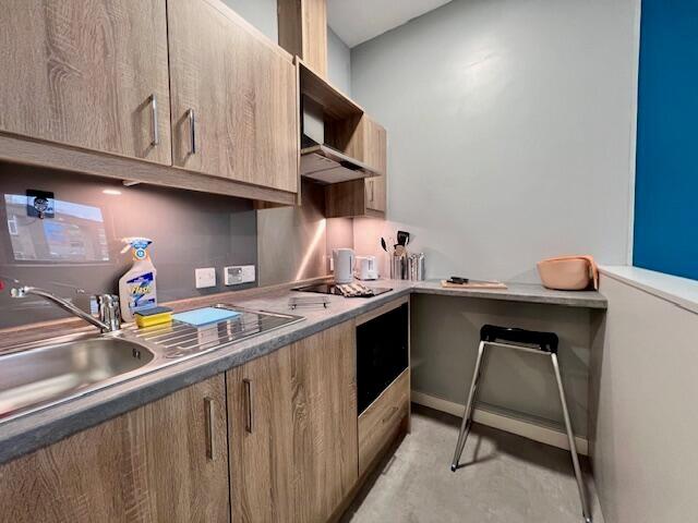 Modern kitchen with wooden cabinetry and integr...