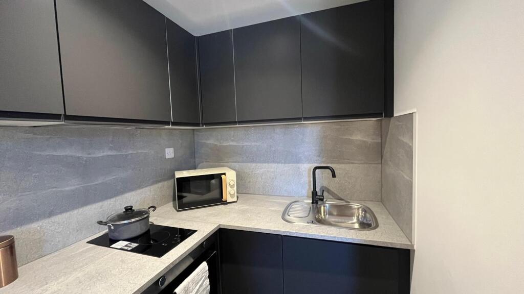 Modern kitchen featuring sleek black cabinetry ...