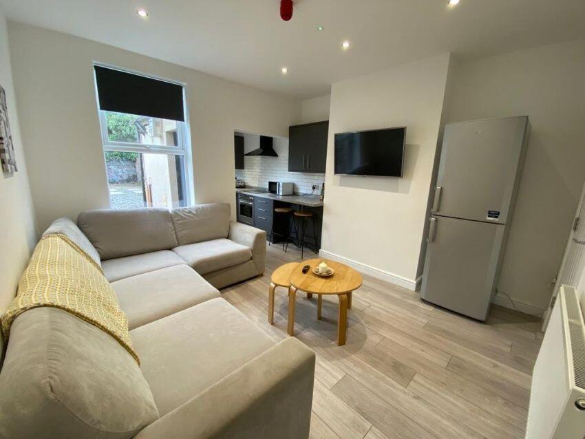 A modern and tidy living room featuring a spaci...