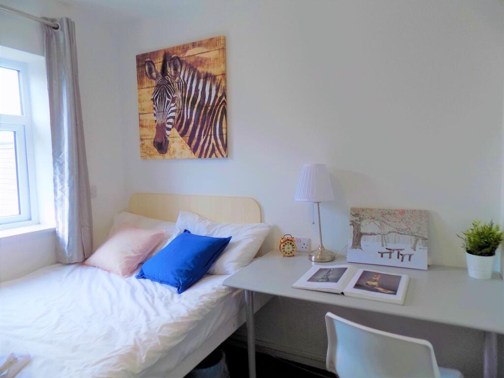 A bright and tidy single bedroom featuring a co...