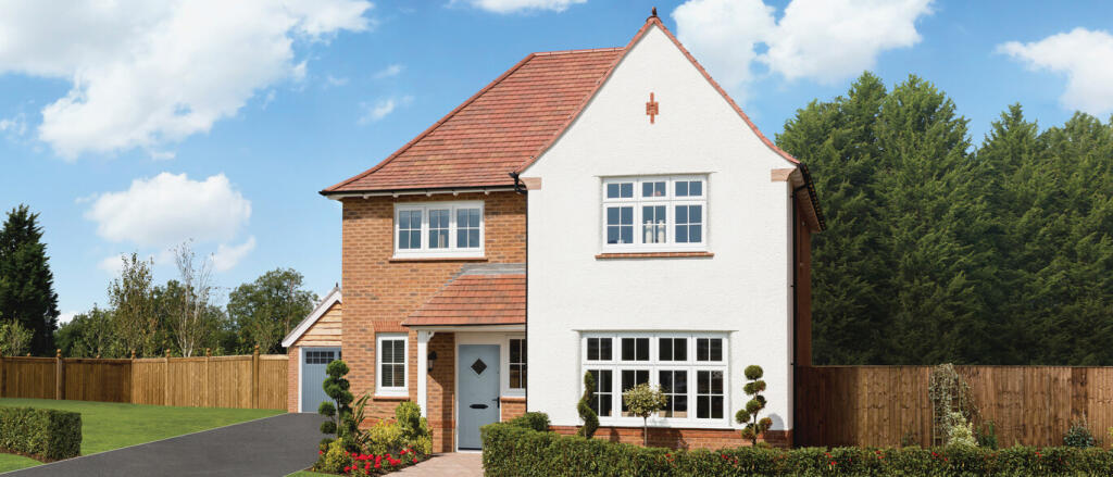 Modern detached house with brick and white rendered facades, large windows, a small front garden, an